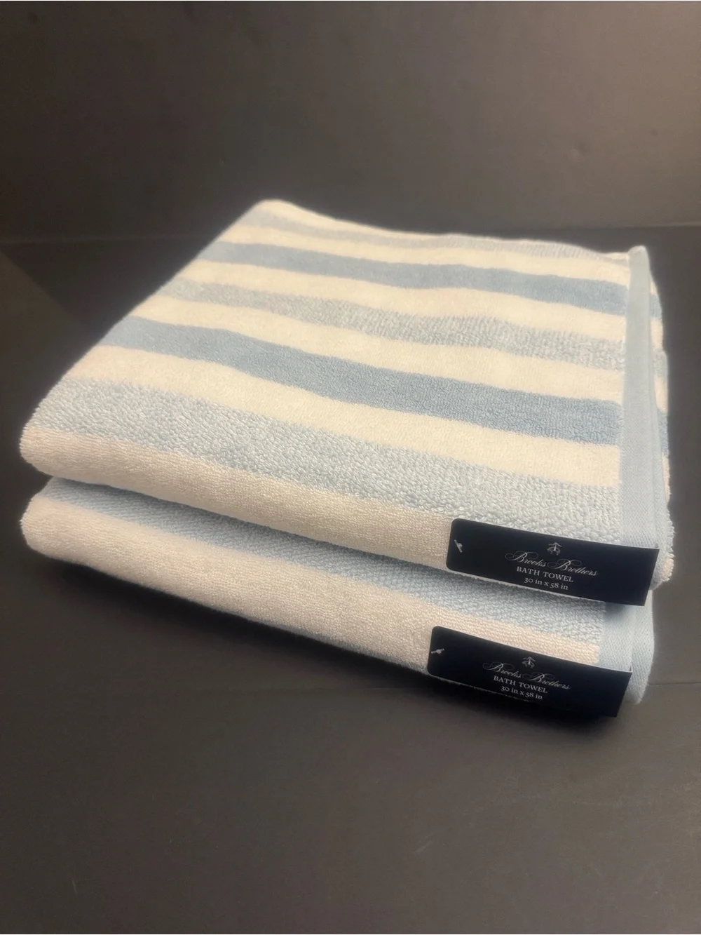 2pc BROOKS BROTHERS Cotton Oversized Light Blue & White Stripe Bath Towel Set